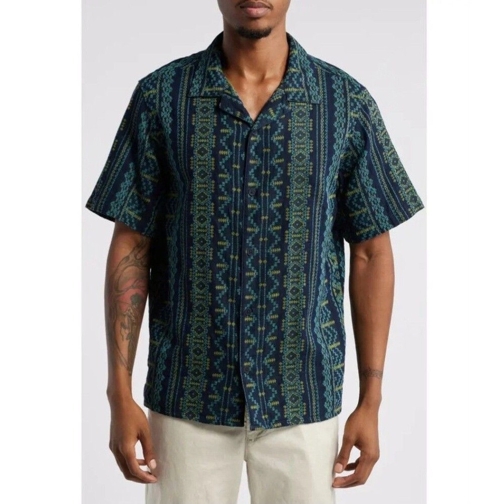 Wax London Didcot Woven Pattern Shirt Short Sleeve Camp Beach Resort Sz Large